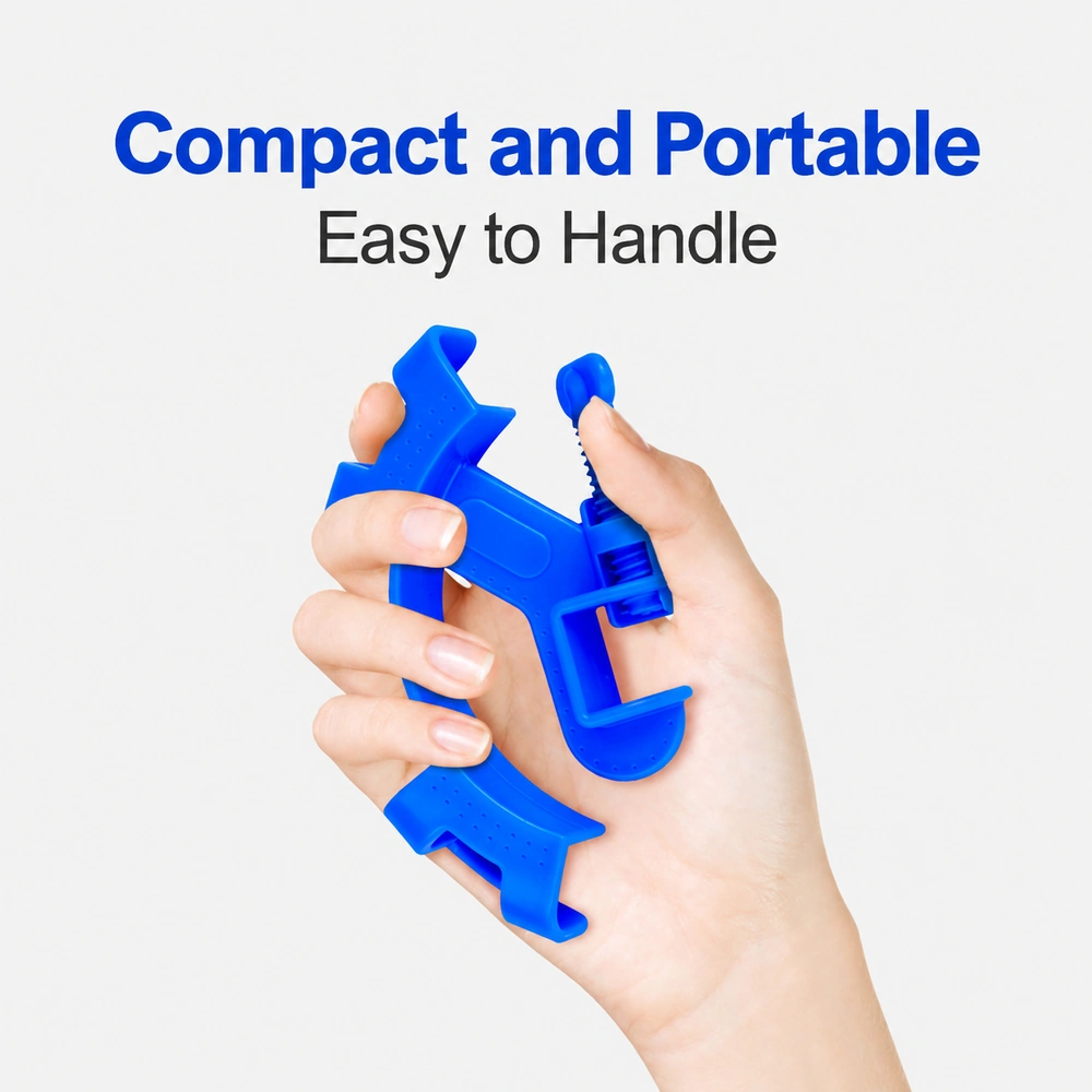Blue aquarium tank rim hose holder held in one hand to show its compact size.
