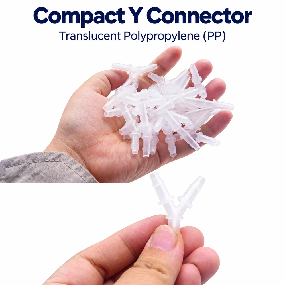 Translucent PP aquarium airline Y connectors shown in a palm, with one connector held between fingertips for scale.