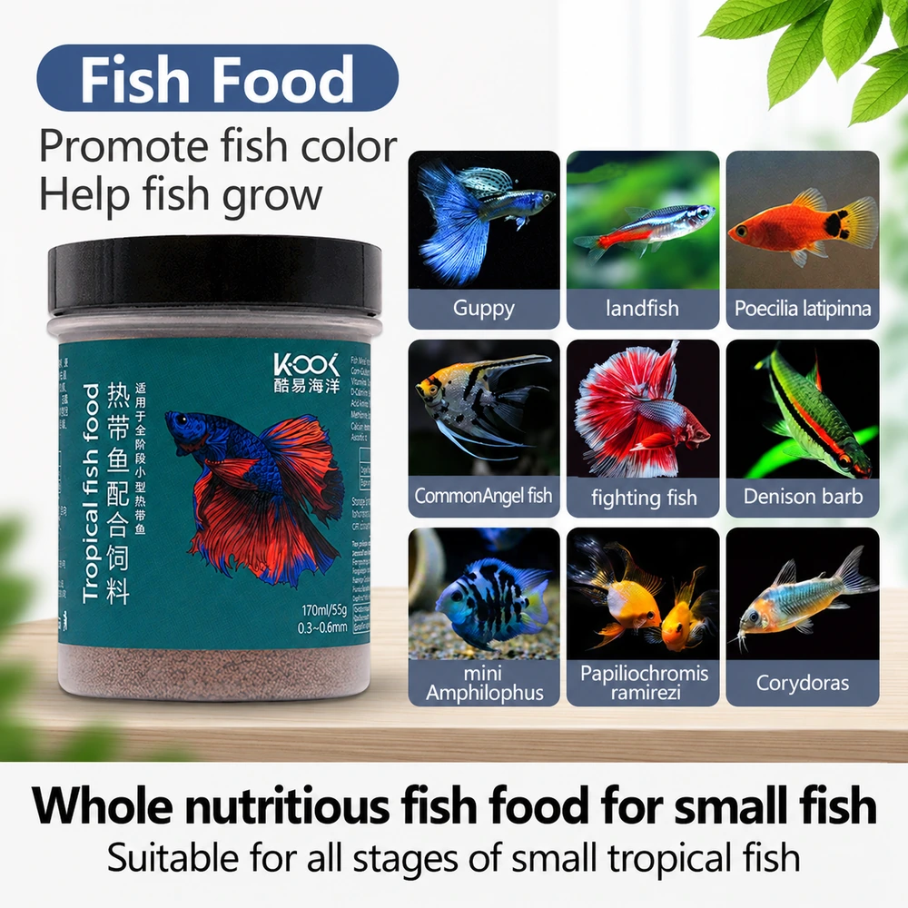Tropical fish food formulated to support growth and coloration in small tropical fish at all life stages.