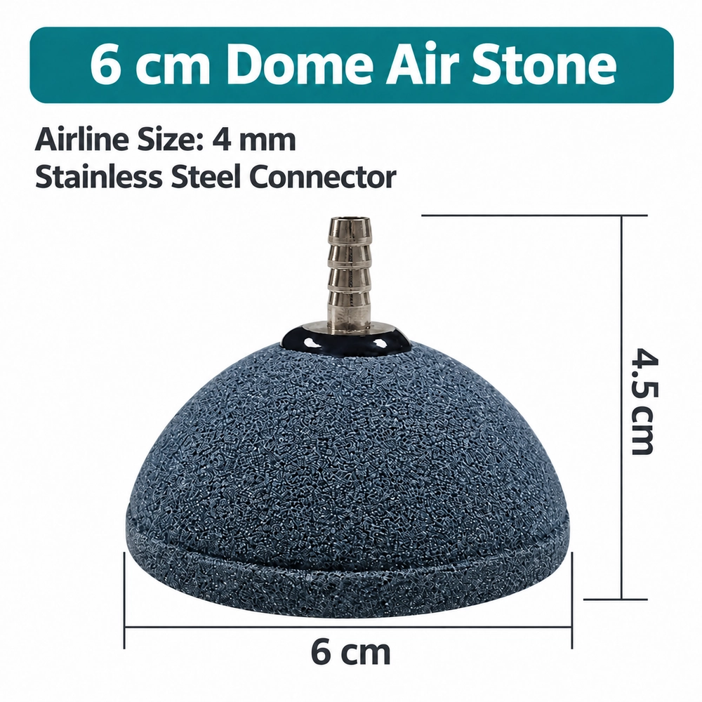 KOOI dome aquarium air stone, 6 cm in diameter and 4.5 cm tall including the stainless steel connector, for 4 mm airline tubing.