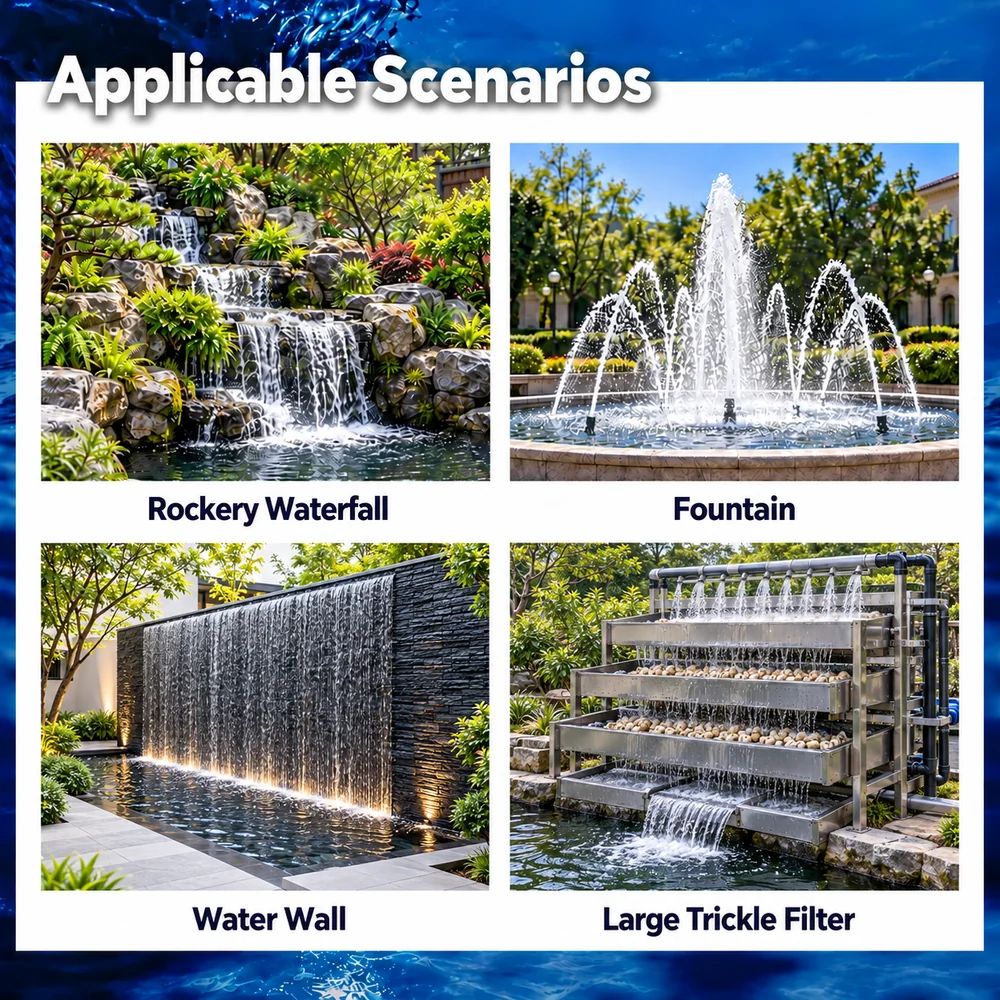 Application examples for the KOOI 63 Dual-Head Series water pump: rockery waterfall, fountain, water wall and large trickle filter.