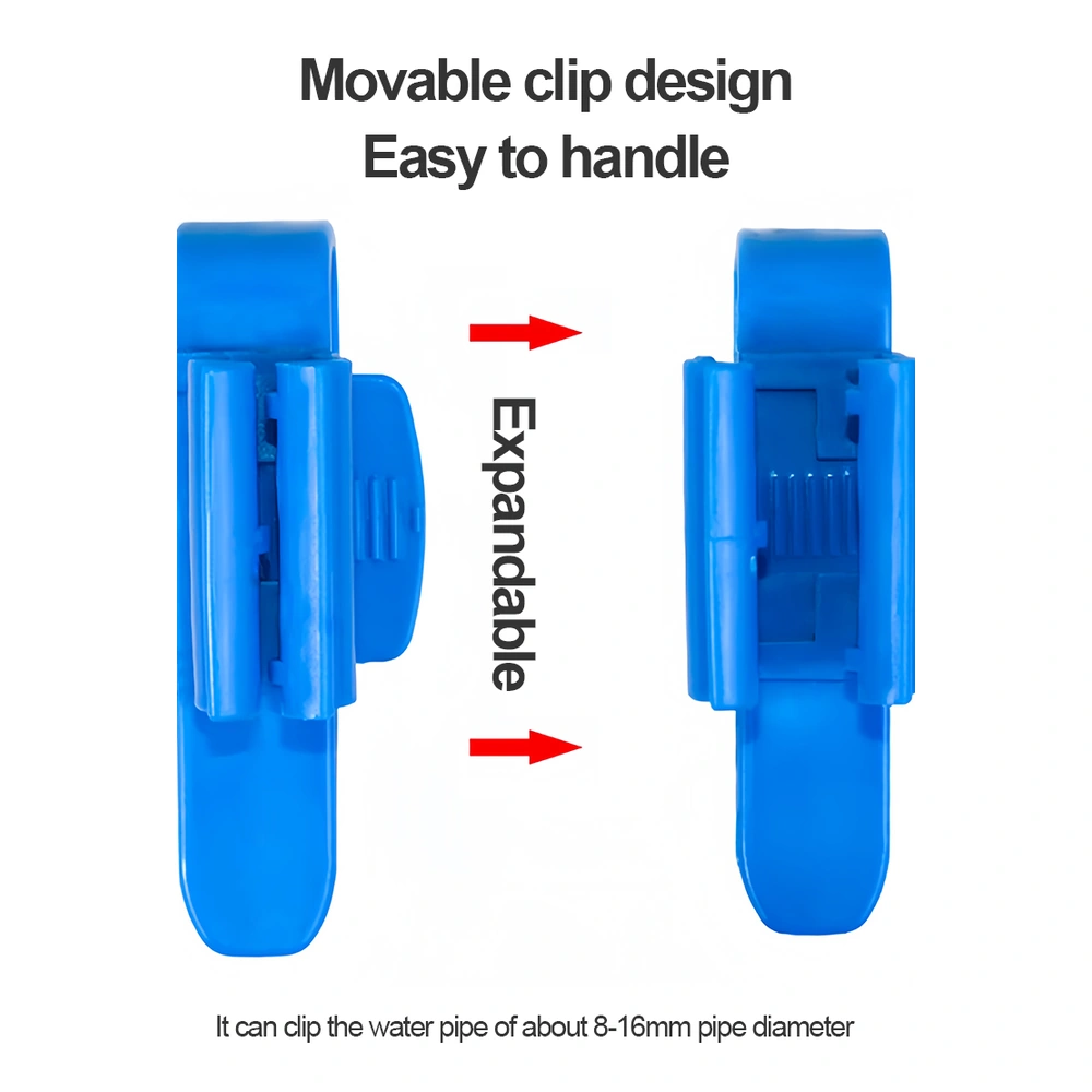 Aquarium hose holder clip shown closed and open, with an adjustable grip for hoses approximately 8–16 mm in diameter.