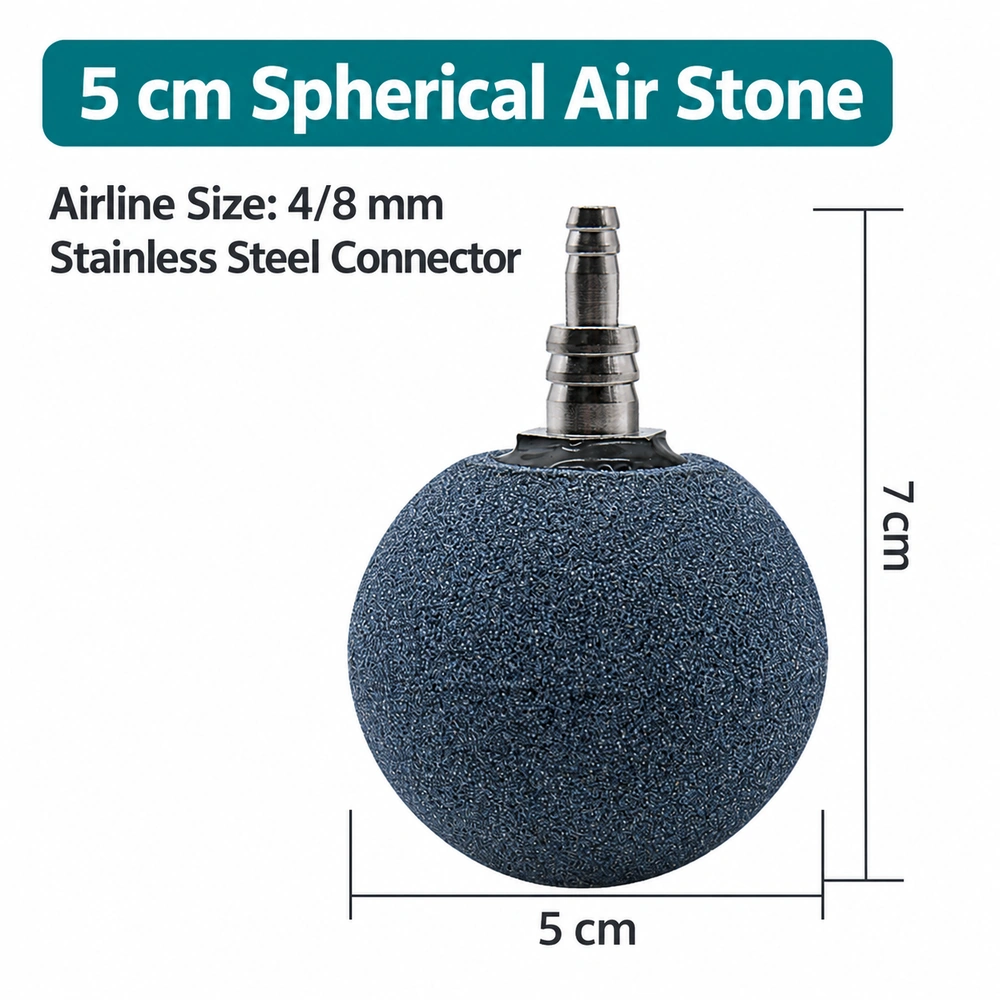 50 mm spherical aquarium air stone with a stepped stainless steel connector for 4 or 8 mm airline tubing, measuring 70 mm tall including the connector.