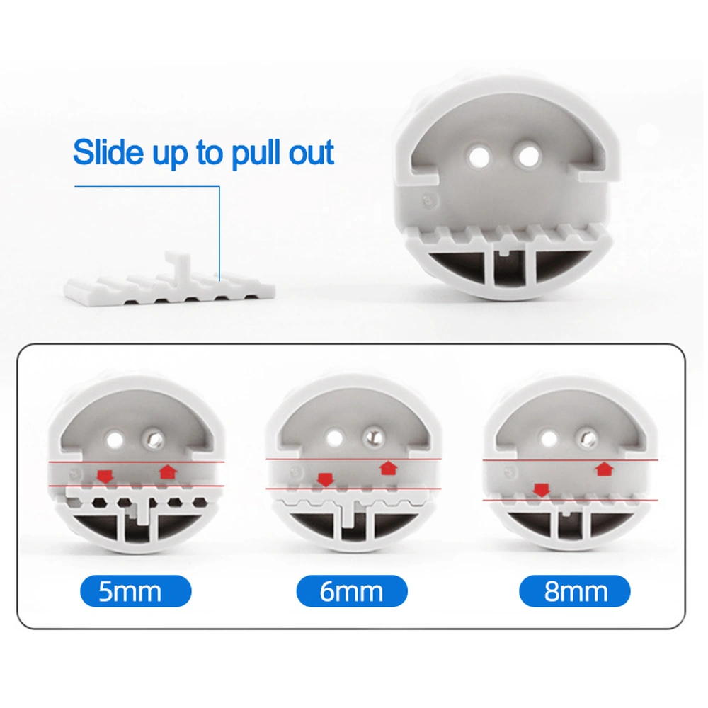 BSQ-B aquarium water replenisher clip adjustment diagram showing a removable insert and settings for 5, 6 and 8 mm glass.