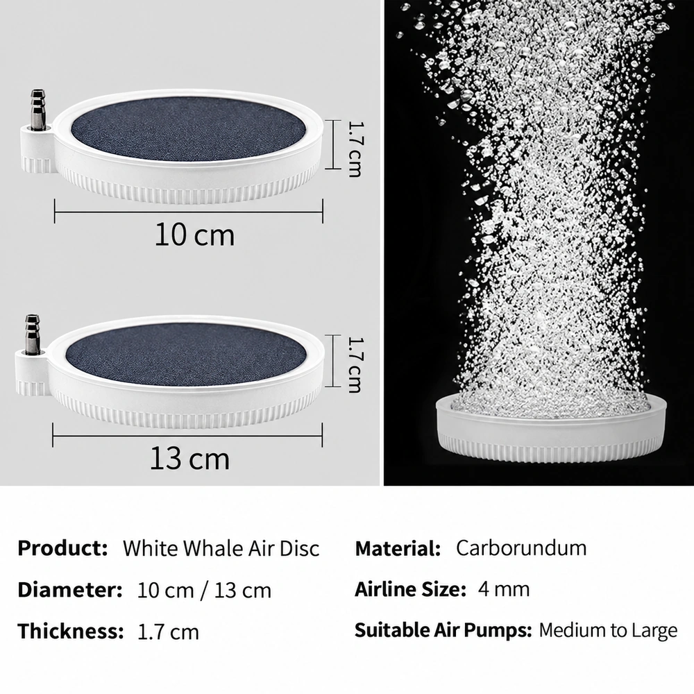 Beluga aquarium air diffuser disc size comparison showing 10 and 13 cm diameters, with a bubble-output illustration and 4 mm airline connections.