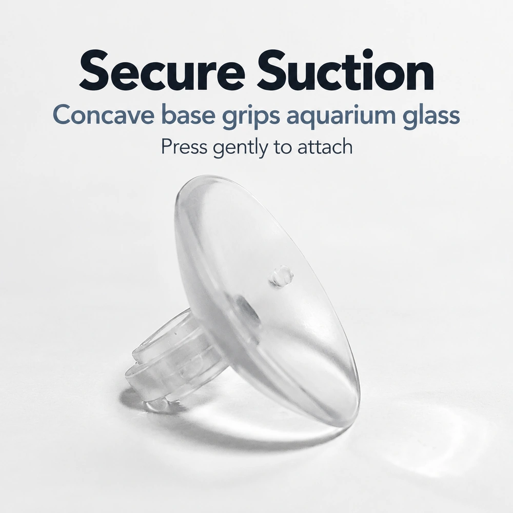 Aquarium airline suction cup with a concave base that grips aquarium glass when gently pressed into place.